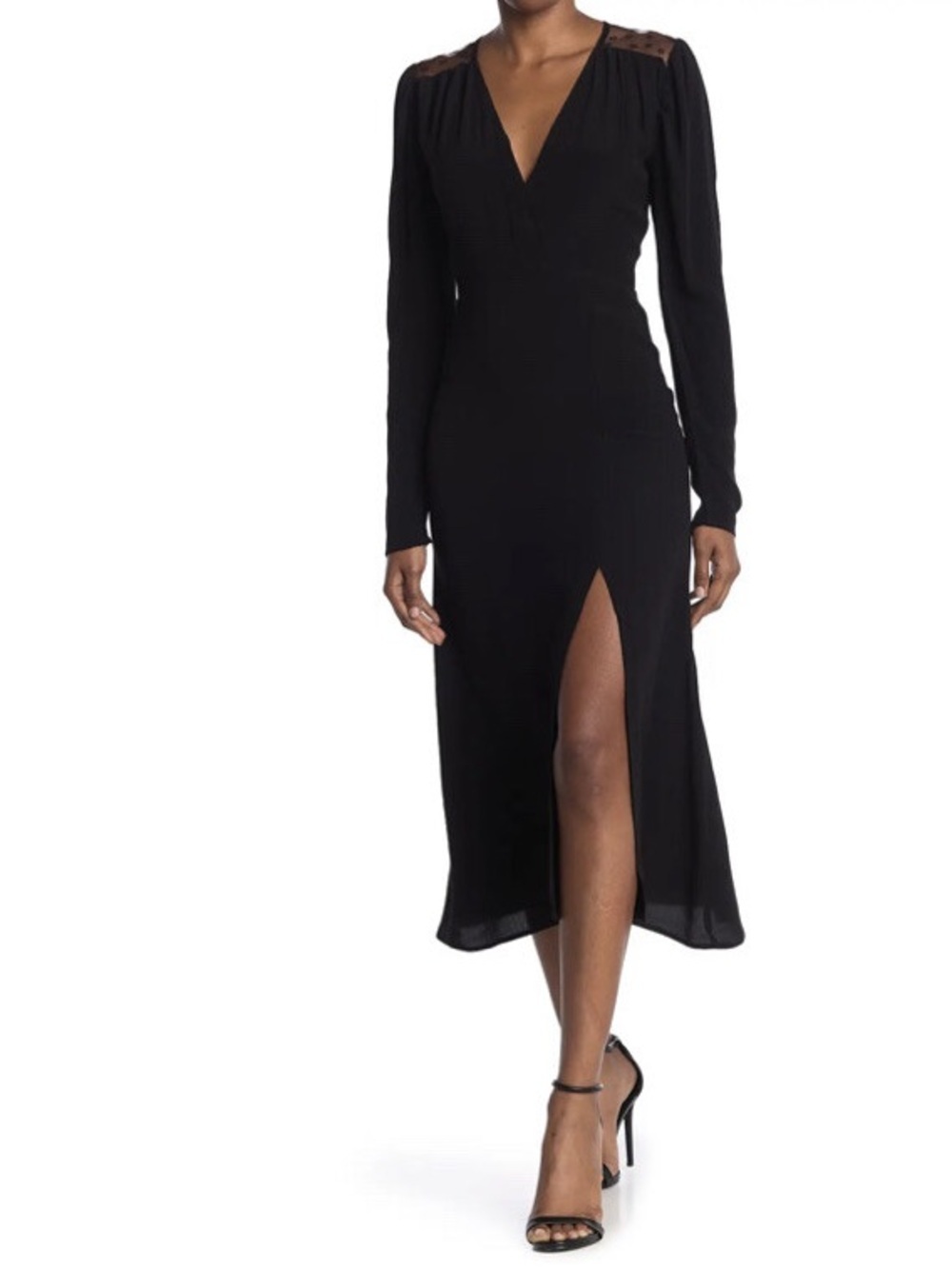 REVOLVE NSR Black Long-Sleeve V-Neck Midi Dress Front Slit Mesh Back S Party